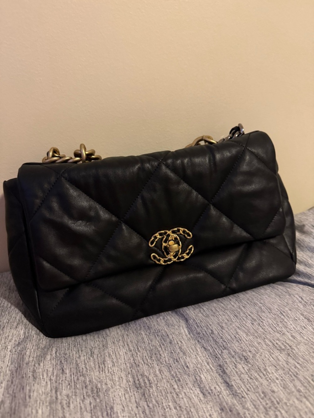 Black Quilted Clutch with Red Interior and Gold Hardware